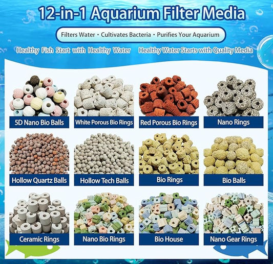 12-in-1 Biological Aquarium Filter Media Kit for Crystal Clear Water - Supports Nitrogen Cycle with Bio Balls, Ceramic Rings for Freshwater Saltwater Aquarium, Pond, Sump, Canister Filter (2lb)