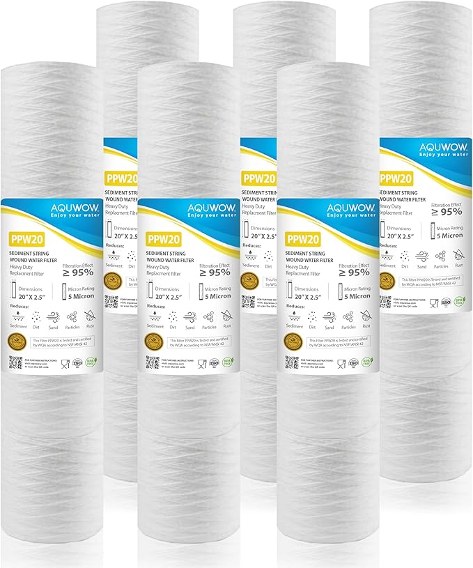 PPW20 5 Micron 2.5" x 20" String Wound Sediment Filter Set – Replacement Cartridges for Whole House & Under Sink Systems, Durable Depth Filtration (6, 20 x 2.5)