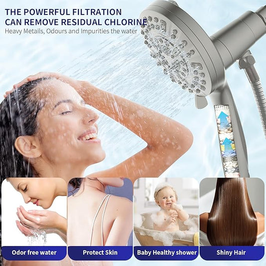 Handheld Shower Head with Filter, High Pressure 10-Spray-Mode Detachable Shower Head with 60-Inch Hose, Powerful Hand Held Shower Head for Low Water Pressure(Nickel)