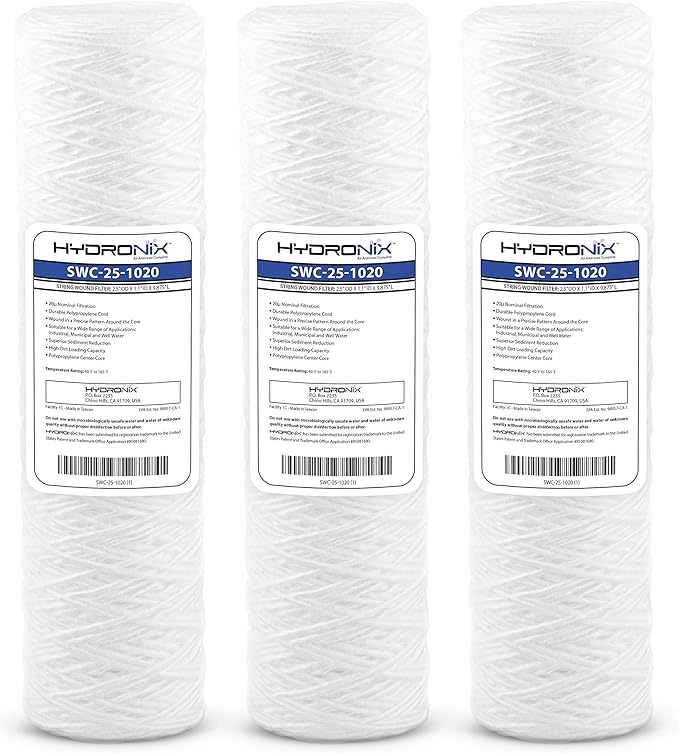 Hydronix HX-SWC-25-1020/3 Universal Whole House String Wound Sediment Water Filter Cartridge 2.5 inch x 10 inch - 20 micron - 3 Pack, White
