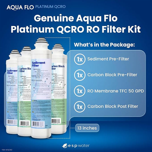 Genuine Aqua Flo Platinum QCRO RO Filter Kit with 50 GPD Membrane and Cartridges | 4-Stage Filtration, Easy Install, Contaminant Reduction, Improved Taste, Cost-Effective Water Solution | Genuine 4-stage replacement set: 50 GPD membrane plus 3 cartridg...