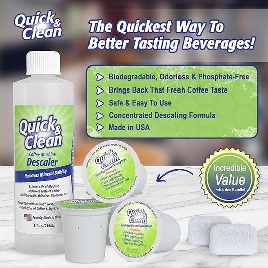 Quick & Clean 4-Pack Cleaning Cups with Descaler Bundle (2 Total Uses) - 2.0 Compatible, Descaling Solution for Keurig, Nespresso, Ninja, Delonghi, All Coffee and Espresso Machines (5)