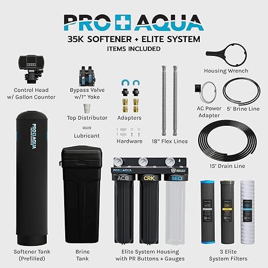 PRO+AQUA PRO-E-S35E Whole House Water Filtration System with 35,000 Grain Softener Combo | 3-Stage Filtration + Water Conditioning | for 3–5 People | Easy Installation