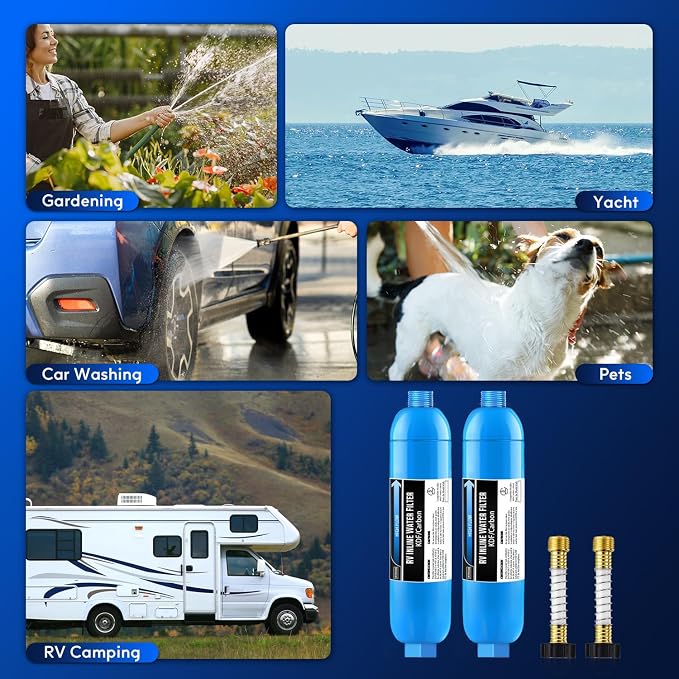 Lifefilter RV/Marine Water Filter with 2 Flexible Hose Protectors | Reduces Chlorine, Bad Taste, Odor in Drinking Water, Dedicated for RVs Campers Marines, 2 Pack