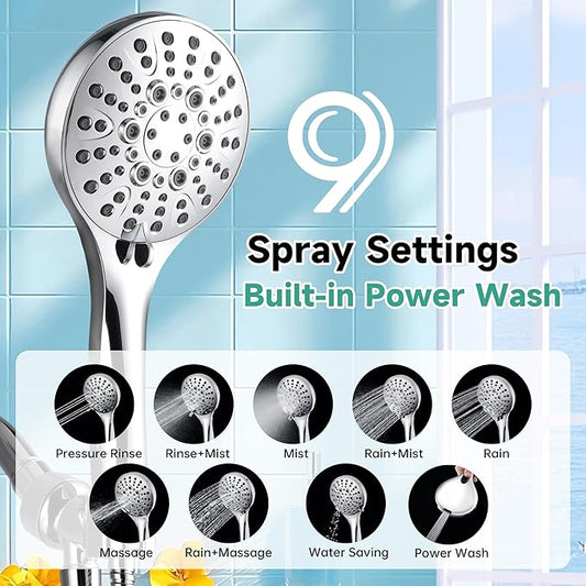 BRIGHT SHOWERS High Pressure Shower Head with Handheld, 9 Spray Settings Showerhead Built in Power Wash to Clean Tub and Pets, Extra Long 69" Hose, Adjustable Bracket, Chrome