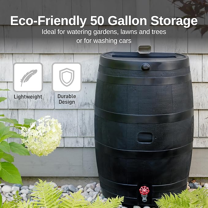 RTS Home Accents 50-Gallon ECO Rain Barrel Made with 100% Recycled Plastic, Flat Back Rain Water Collection Barrel, Stand Included, Black