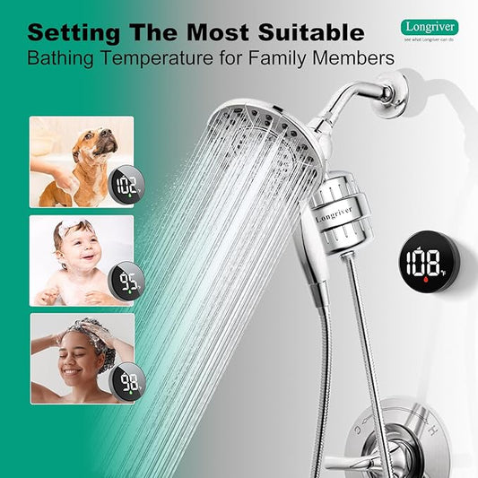 Tem8 Bathroom Shower Filter Fixture with Wireless Temperature Display | Hard Water Purifier 99.99% Remove Chlorine & Heavy Metals | Improve Skin & Hair Health | Chrome Hardware Accessories