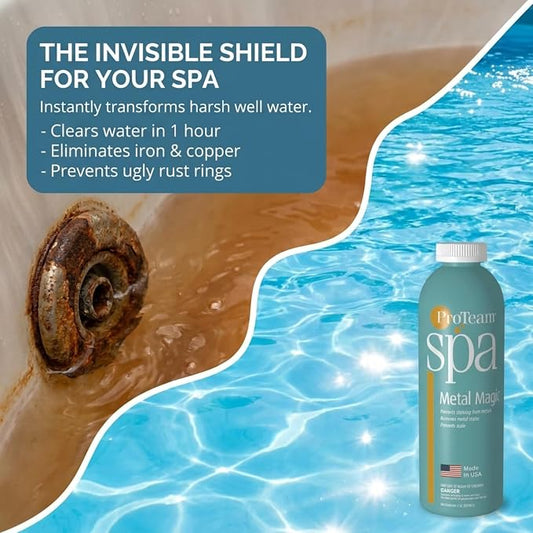 Proteam Spa Metal Magic | Hot Tub Metal Remover & Sequestrant – Removes Iron, Copper, Manganese | Prevents Staining & Scale | Compatible with All Sanitizers – 1 qt, Made in USA + SplashWiz Care Guide
