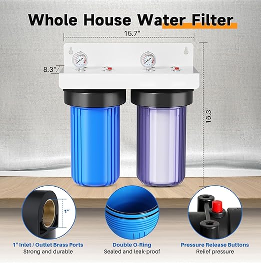 PUREPLUS 2-Stage Whole House Water Filtration System, Reduces Chlorine, Odor, Heavy Metals, Iron, Manganese, 10"x4.5" Clear Housing, 1" Inlet/Outlet, PP Sediment & Iron Filter, with Pressure Gauges