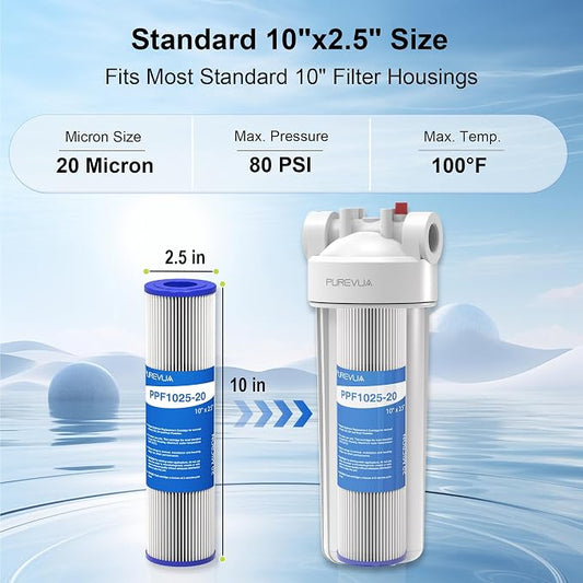 6-Pack 20 Micron Pleated Water Filter Cartridge, 10" x 2.5" Washable & Reusable PET Sediment Filter for Well Water & Whole House Pre-Filter, Compatible with WFPFC3002, WHKF-WHPL, AO-WH-PRE-RP2
