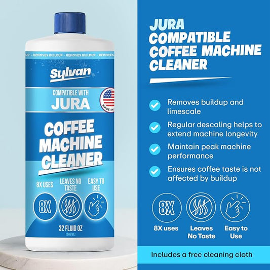 Jura Compatible Descaling Solution | Free Cleaning Cloth | 12 Month Supply | Made in the USA | Descaler for all Jura Machines | 32 Oz | Coffee Machine Cleaner for Coffee Makers | Descales and Cleans