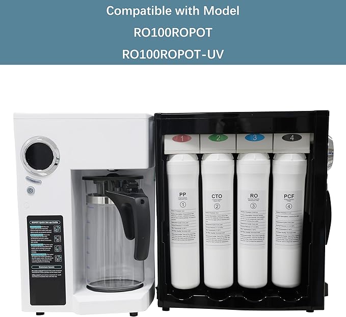 4-Pack Replacement Filter Set Compatible with Bluevua RO100ROPOT RO100ROPOT-UV RO System (1 PP, 1 CTO, 1 RO, 1 PCF)