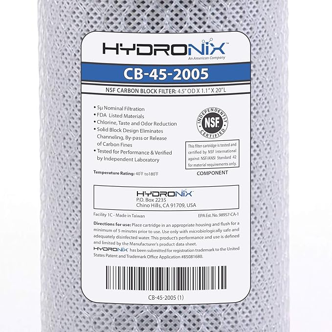Hydronix CB-45-2005/3 Universal 4.5" x 20β Whole House Water Filter Replacement Cartridge, Commercial & Industrial NSF, Coconut Shell Activated Carbon Block CTO, 5 Micron (3 Pack)
