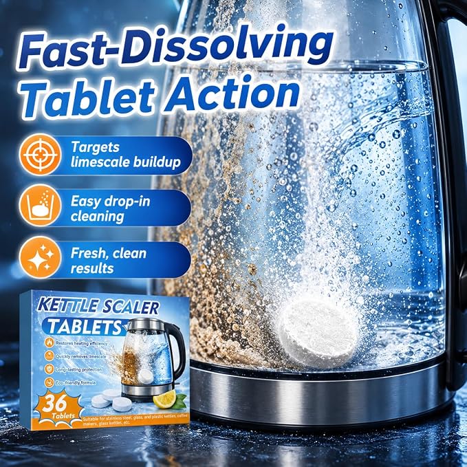 Kettle Descaler Tablet 36 Pcs, Citric Acid Limescale Remover for Kettles, Coffee Makers, Irons and Shower Heads, Powerful Descaling Tablets for Home Appliances