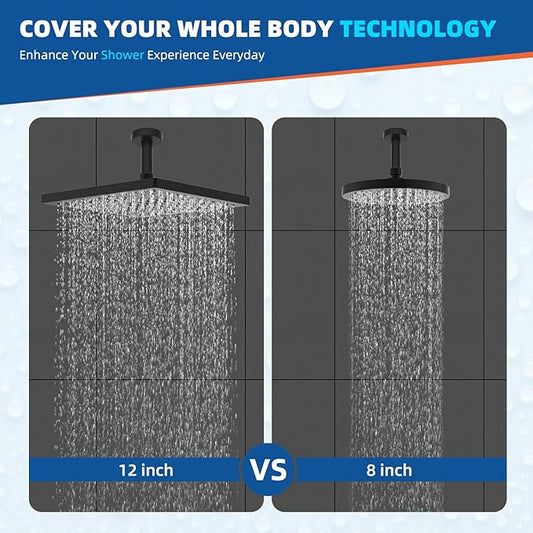 Hibbent cUCPC Certified Metal Rain Shower Head, 12'' High Pressure Shower Heads, Square Large Bathroom Rainfall Shower Head with Adjustable Brass Ball Joint, Waterfall Full Body Coverage, Matte Black