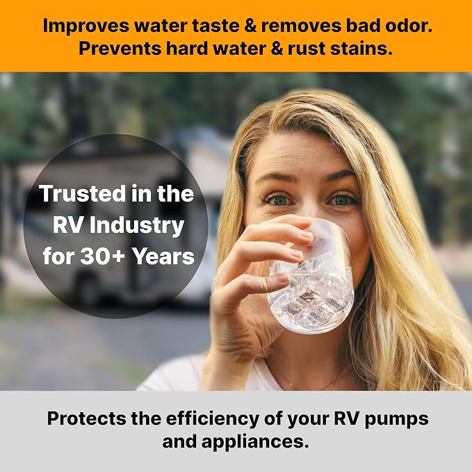 Essential RV Water Softener Portable 8,000 Grain w Custom Hose, 3/4" Fittings, Softens Hard Water for RV's Vanlife Nomads Boondockers, New Lighter & Compact Model Easy Storage