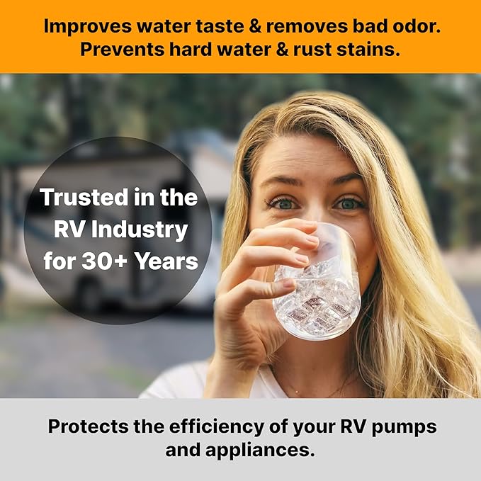 Essential RV Water Softener Portable 16,000 Grain w/o Custom Hose, Long Lasting for RVers Vanlife, 3/4" Fittings, Softens Hard Water When Traveling or Mobile Spot Reducing Car Washing