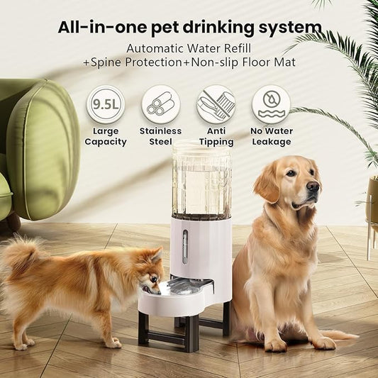 CZPET Elevated Dog Water Bowl Dispenser for Large Dogs,2.5 Gallon Tall Raised Pet Waterer Stand,Relieve Neck Pressure,Large Capacity and Drinking Area Noise-Free for Pets (9.5L+Stand,White)