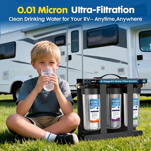 RV Water Filter System,0.01 Micron Camper Water Filter System, 5-Stage RV Water Filtration System Reduces Sediments, Chlorine, Vocs, Heavy Metals, Odors for Travel Trailers, Boats, 1" Inlet/Outlet