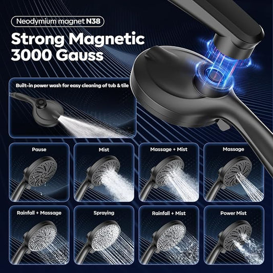 Shower Head with filtered Handheld High Pressure daul Shower Heads with Handheld Spray Combo and 10 Sprays Handheld Shower Head Detachable Shower head Built-in Magnetic Docking and Power Jets Black