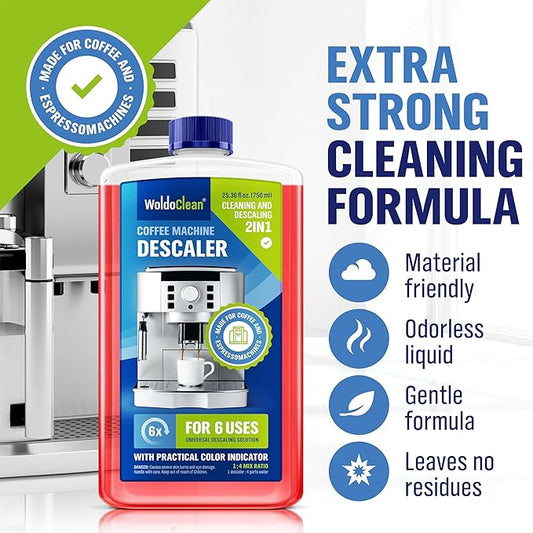 WoldoClean Descaling Solution for Coffee & Espresso Machines 25.6 Fl Oz - compatible with Keurig, Nespresso, Breville, Ninja, Nespresso, Delonghi, Reusable Formula with Color Indicator