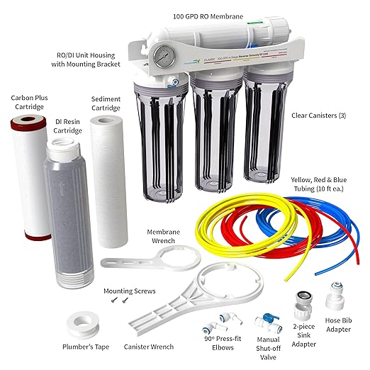 Aquatic Life 4-Stage Reverse Osmosis Deionization Water Filter System RO/DI Filtration Unit with Carbon Plus Cartridge, 100 GPD