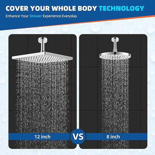 Hibbent cUCPC Certified Thickness Metal Shower Head, 12'' High Pressure Shower Heads, Square Large Bathroom Rainfall Shower Head with Adjustable Brass Ball Joint, Waterfall Full Body Coverage, Chrome
