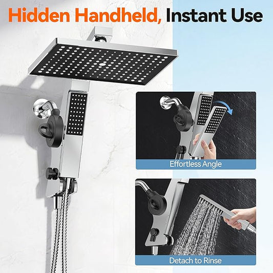 MakeFit Filtered Rain Shower Head with Handheld Combo High Pressure 12'' Rainfall Shower Heads & Hidden Detachable Wand Dual Showerhead Water Softener for Hard Water Easy Filter Replacement