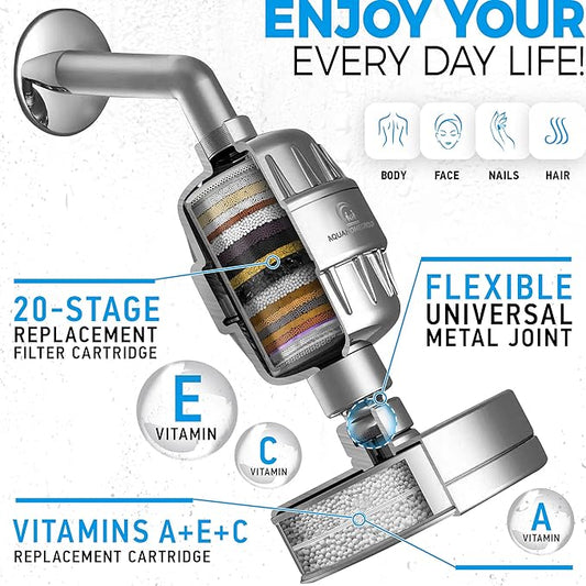 AquaHomeGroup - Filtered Shower Head & 20 Stage Shower Filter - Standard - Chrome