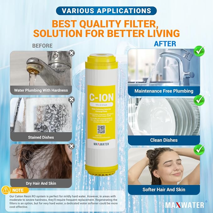 Max Water 10" x 2.5" Cation Resin Water Softener Cartridge, Compatible with AF-10-3003, WS-10, UDF-10C100E, 155319-43 & All 10 Inch Standard Whole House Water Filter Systems (2 Pack)