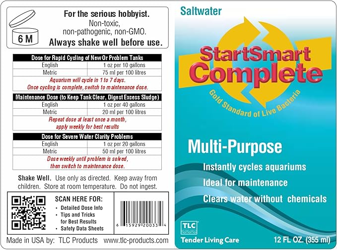 TLC Products StartSmart Complete Saltwater Aquarium Cycle Starter & Beneficial Nitrifiers, Supports Clear Water & Biofiltration, Reduces Excess Sludge, 12 oz (354 ml)