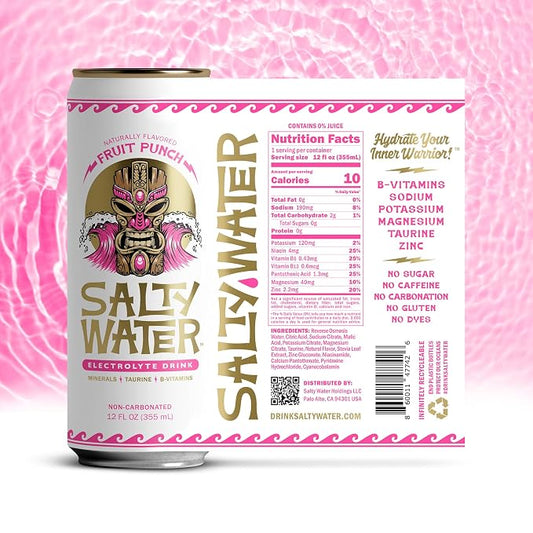 SaltyWater Electrolyte Drink, Fruit Punch – Zero Sugar Premium Hydration Drink, 10 Calories, Minerals, Taurine, B-Vitamins, Non-Carbonated - Zero Caffeine Electrolyte Sports Drink - Gluten Free - 12 Pack (12 oz)