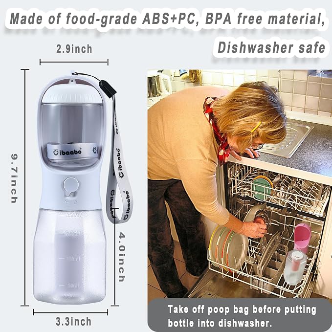 Cibaabo Dog Water Bottle with Food Container & Poop Bag Holder & Filter | Travel Water Bowl, Portable Pet Dispenser, Dog Gifts, Puppy Essentials for Walking Hiking