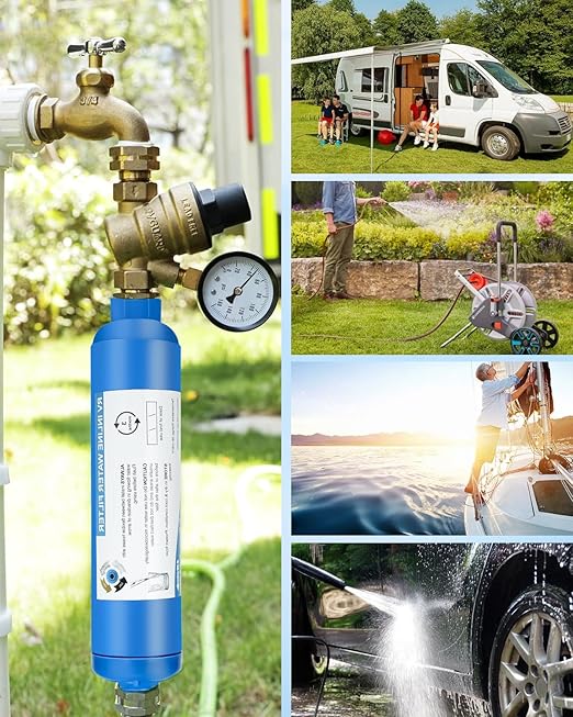 RV Inline Water Filter with 2 Flexible Hose Protector, Reduces Chlorine, Bad Taste, Rust, Corrosion, Sediments, and Turbidity, Ideal for RVs, Garden, Car Washing, Gardening, Planting, 4 Pack