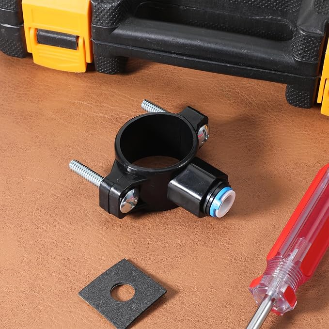 1 Pack 3/8" Drain Saddle Valve, Quick Connect Drain Saddle Clamp Plastic Water Filters Valve Clamp Hose Pipe Adapter for Reverse Osmosis System