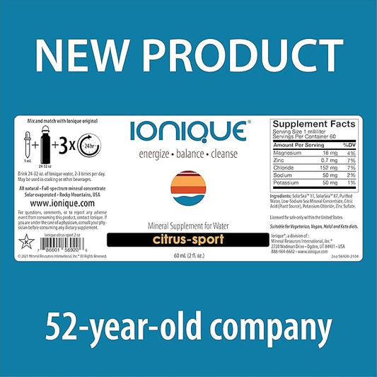NEW Ionique Mineral Supplement for Water - Magnesium, Trace Mineral & Electrolyte Hydration System, Support for Migraine, Constipation, Brain Fog, Muscle Cramps, Sleep, One 2 oz bottle of Liquid Drops