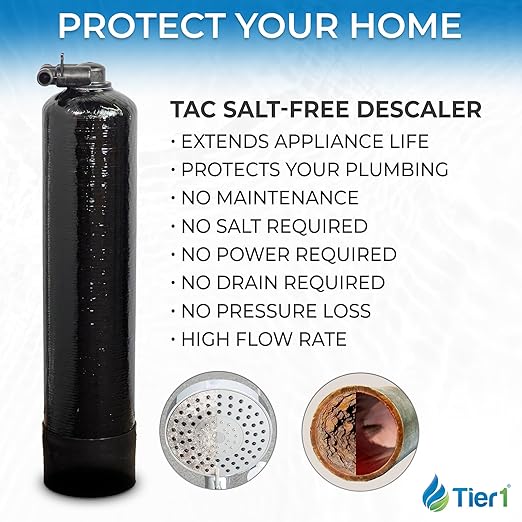 Tier1 Whole House Scale Prevention System | 600,000 Gallon TAC Conditioner | Salt-Free Descaler with Upflow Design | Hard Water Scale Control for Home Filtration
