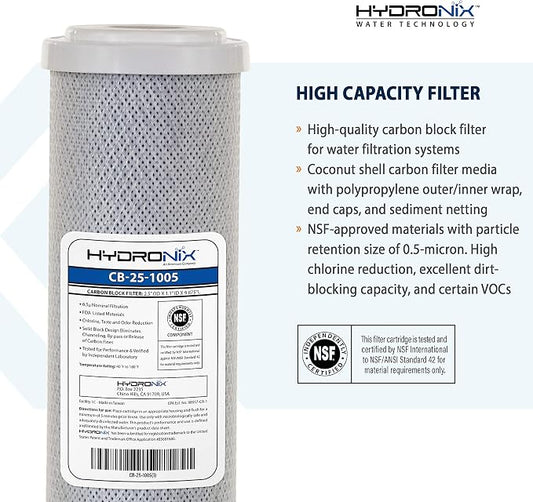 Hydronix CB‑25‑1005 Whole House Coconut Carbon Block Water Filter – 5-Micron Replacement Cartridge for RO & Drinking Water Systems | Standard 2.5 x 10 Inch Filter Housings (2 Pack)