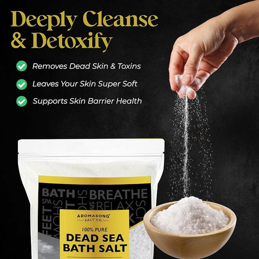 Aromasong Dead Sea Salts for Soaking - 2.43 Lbs Fine Grain Bath Salt Soak in Large Bulk resealable Pack, 100% Pure & Natural - Soak for Women & Men to Relax Tired Muscles and Treat Skin Issues