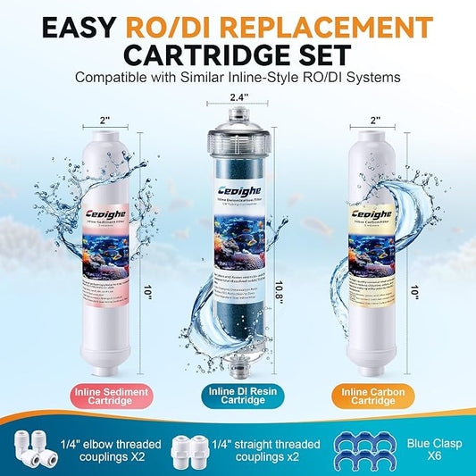 3 Pack Aquarium Filter Replacement Cartridge Set Compatible with AquaticLife RO Buddie, Inline Cartridges for Clear, Include Sediment, Carbon Block, Color Changing DI Resin and Quick Couplings
