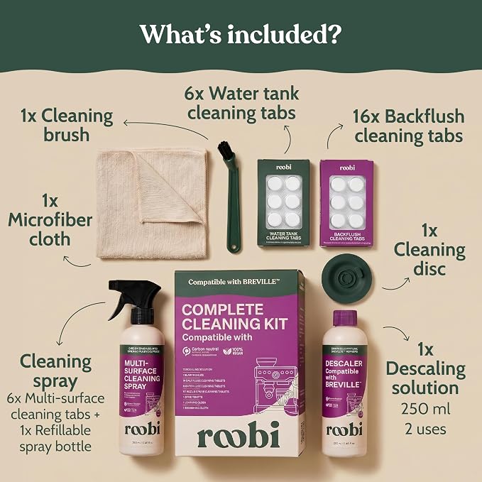 Roobi Espresso Complete Cleaning Kit Compatible with Breville | Descaling Solution, Espresso Cleaning Tablets, Water Tank Tabs, Multi-Surface Cleaner, 54mm Disc, Brush & Cloth