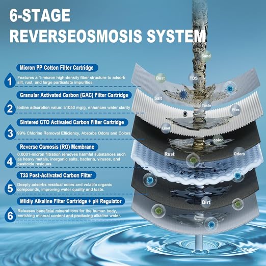 Level 6 RO Reverse Osmosis Filtration System—Under-Sink Water Purifier + 6 Filter Cartridges (Includes Faucet and Storage Tank), Featuring pH Adjustment and Mineral Replenishment, 100 GDP