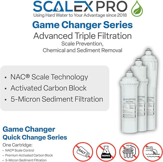 Game Changer 12” Hard Water Scale Prevention Filter – Salt-Free NAC Technology Prevents Scale Up to 26 Grains, Removes Chlorine & Other Common Municipal Water Chemicals, 6,000 Gallons