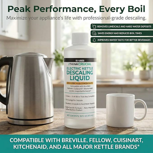 Think Crucial Electric Kettle Descaler, 15 Uses, 35% Citric Acid Concentrate — Compatible with Breville, Fellow, Cuisinart, KitchenAid — 16 fl oz