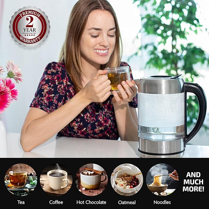 OVENTE Electric Kettle with 1.7L Borosilicate Glass, 1500W Instant Water Boiler and Heater for Coffee or Tea, BPA Free, Easy to Fill Lid, Auto Shut-Off and Boil Dry Protection, Silver KG6120S