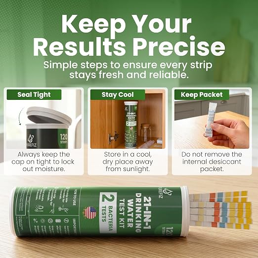 21-in-1 Drinking Water Test Kit – 120 Strips + 2 Bacteria Tests – Easy DIY Testing for Tap, Well & Spring Water – Tests Lead, Fluoride, Iron, Hardness, pH, Chlorine, Copper, Bacteria & More
