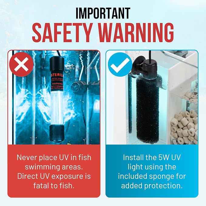 Aquarium UV-C Light 5W – Submersible UV Clarifier for Freshwater & Saltwater Tanks, Sumps & Small Ponds – Clears Green Water Fast – 9.8 ft Power Cord – Filter Sponge & 2 Suction Cups Included!