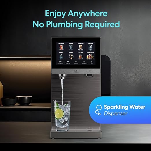 Brio Q60 Sparkling Water Countertop Dispenser with Refillable Tank, No Plumbing Required, Instant Hot & Cold, 4-Stage Reverse Osmosis Filtration, Touch Screen Display, Black