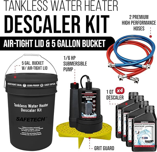 Safetech Tankless Water Heater Flushing Kit with 5-Gallon Screw-Top Lid, Premium Hoses, 1/6 HP Utility Pump, 4 Quarts Descaler, and Pump Grate