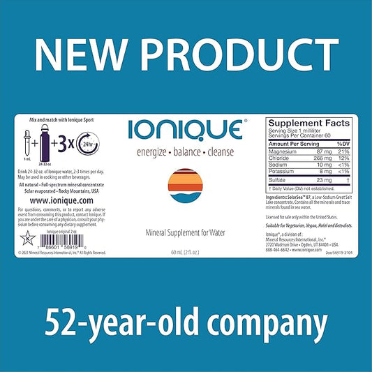 NEW Ionique Mineral Supplement for Water - Magnesium, Trace Mineral & Electrolyte Hydration System, Support for Migraine, Constipation, Brain Fog, Muscle Cramps, Sleep, One 2 oz bottle of Liquid Drops